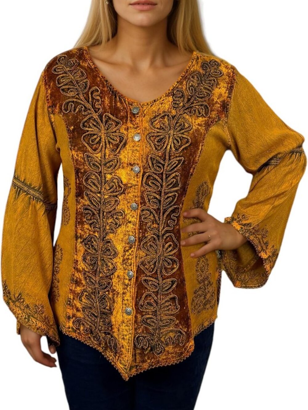 Embroidered Velvet Blouse for Women - Medieval Ren Faire Top with Bell Sleeves